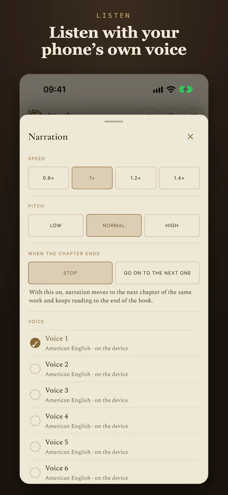 The works read aloud, in your phone's voice.
