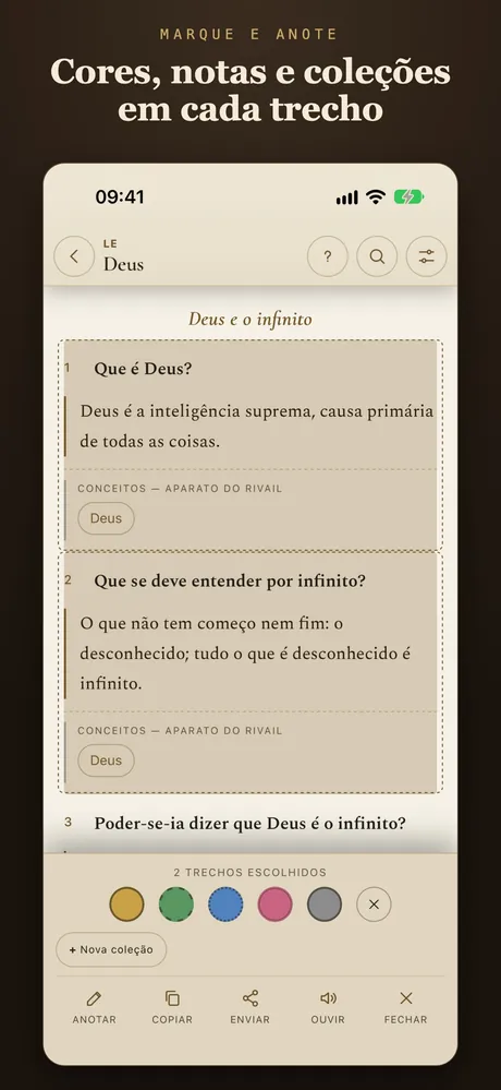 Cores, notas e coleções em cada trecho.
