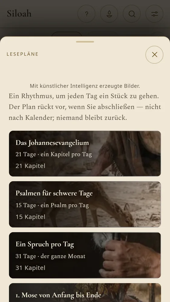 Liste der Lesepläne: das Johannesevangelium, Psalmen für schwere Tage und ein Sprichwort pro Tag.