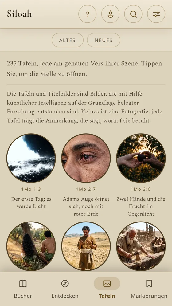 Galerie der Tafeln von Siloé, mit den Szenen aus Genesis in Kreisen.