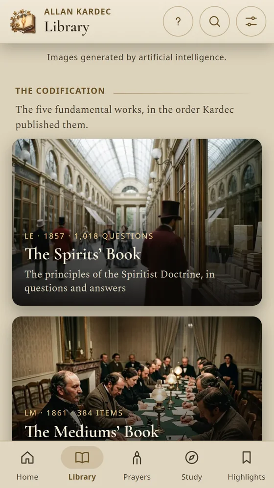 Rivail: la biblioteca con Il Libro degli Spiriti e Il Libro dei Medium.