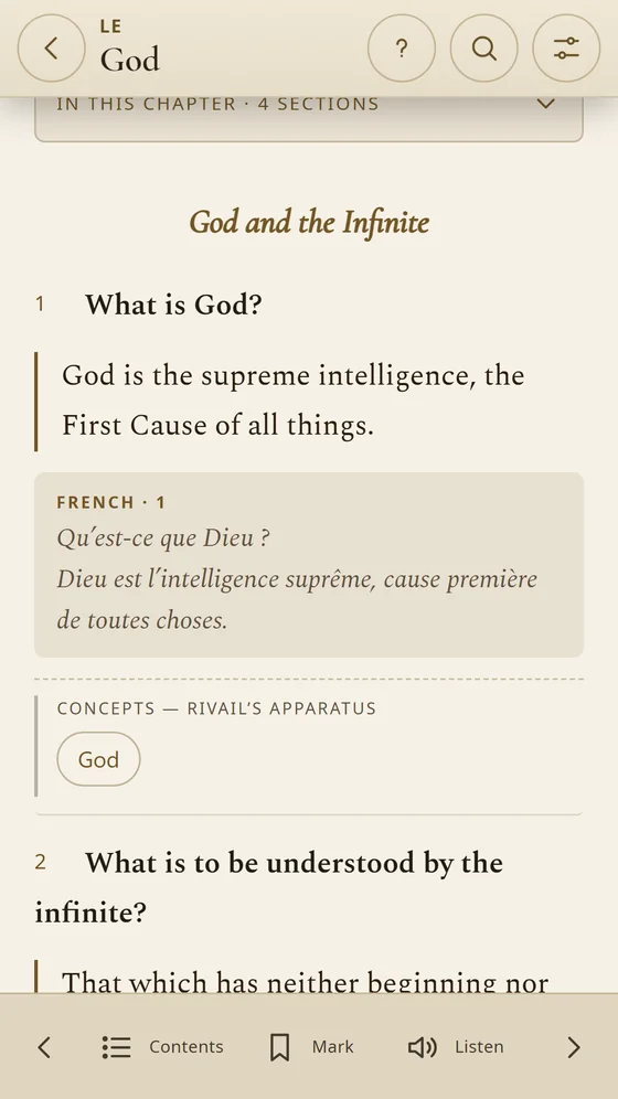 A question from The Spirits' Book with the original French just below.