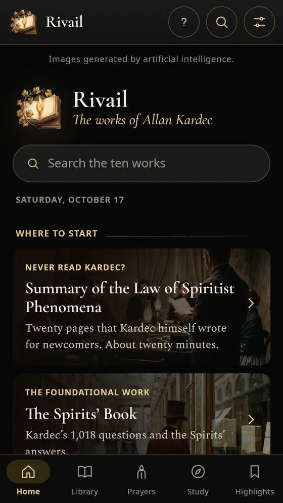 Rivail's home screen in the dark theme, with where to start reading.