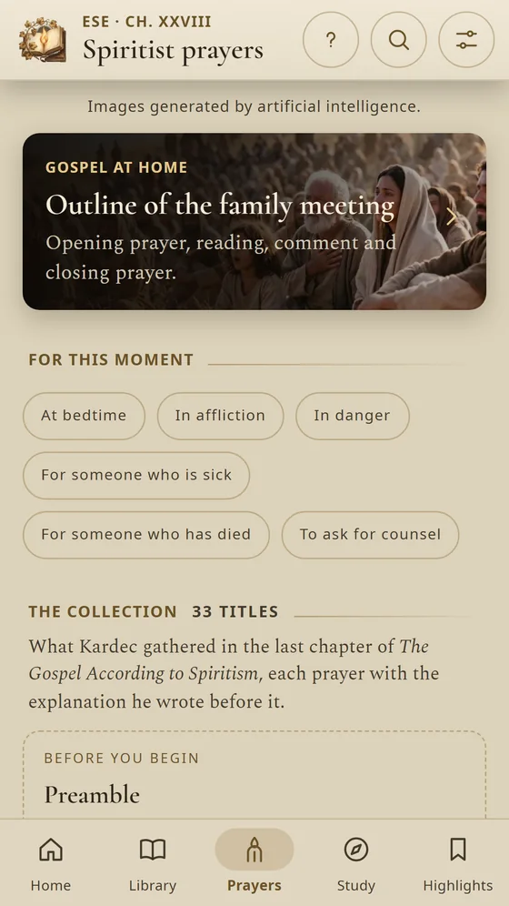 Spiritist prayers organized by moment: at bedtime, in affliction, for someone who is ill.