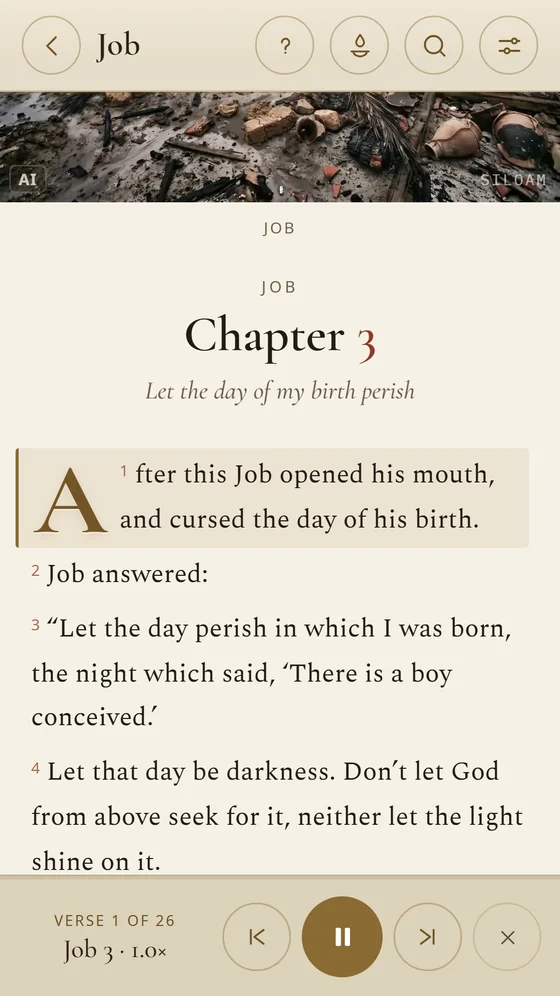 Job 3 read aloud, with the verse highlighted and the audio controls.