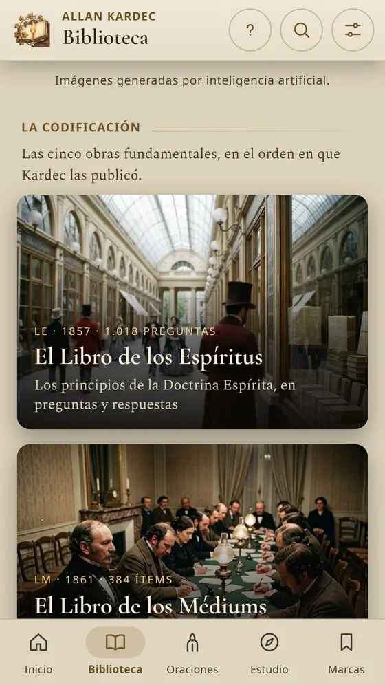 Rivail: la biblioteca con El Libro de los Espíritus y El Libro de los Médiums.