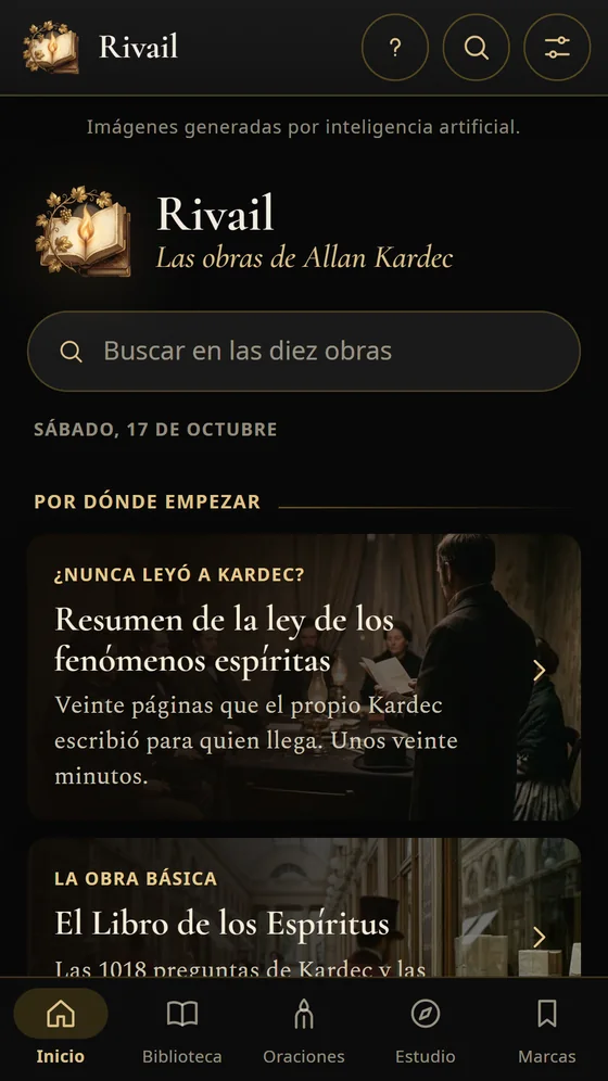 La pantalla de inicio de Rivail en el tema oscuro, con por dónde empezar la lectura.