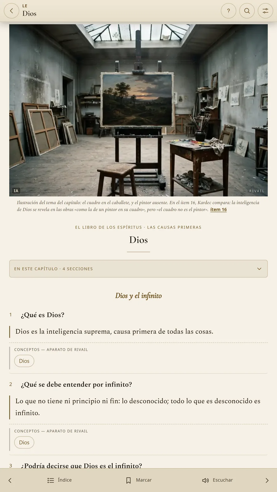 Rivail en el iPad, con la lectura de El Libro de los Espíritus en pantalla grande.
