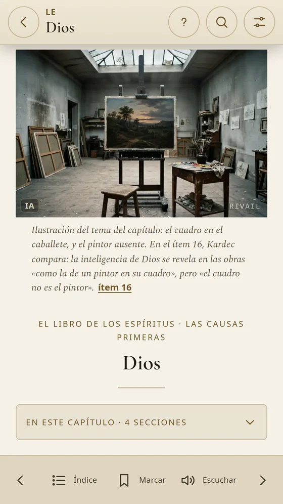 Capítulo sobre Dios con la escena del taller de un pintor y la leyenda que la explica.