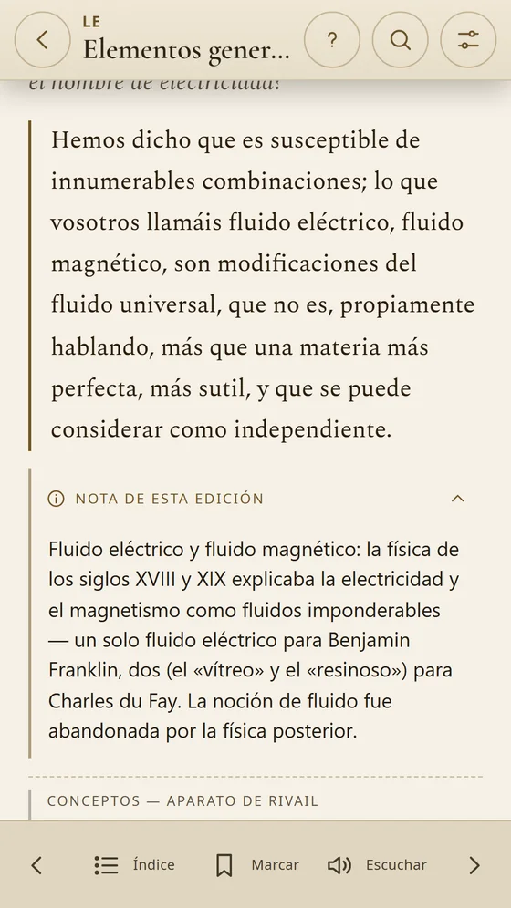 Nota de esta edición que explica el fluido eléctrico y magnético en el siglo XIX.