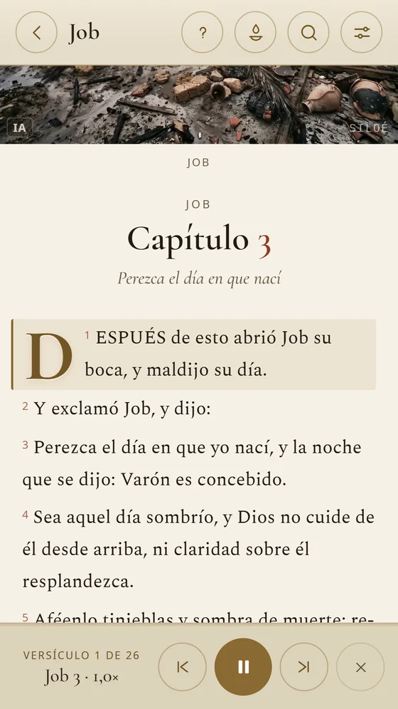 Lectura en voz alta de Job 3, con el versículo resaltado y los controles de audio.