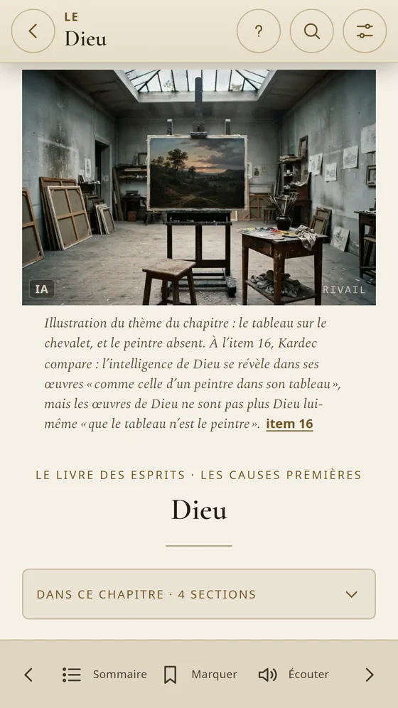 Chapitre sur Dieu avec la scène d’un atelier de peintre et la légende qui l’explique.