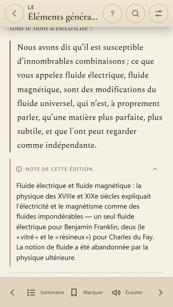Note de cette édition expliquant le fluide électrique et magnétique au XIXᵉ siècle.