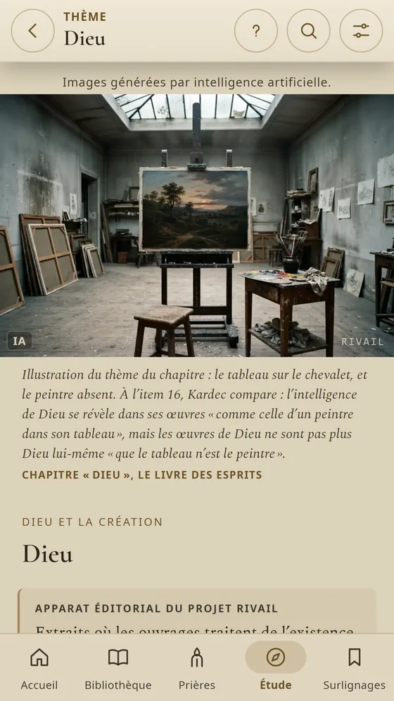 Scène d’époque illustrant le thème Dieu, avec la légende qui explique l’image.