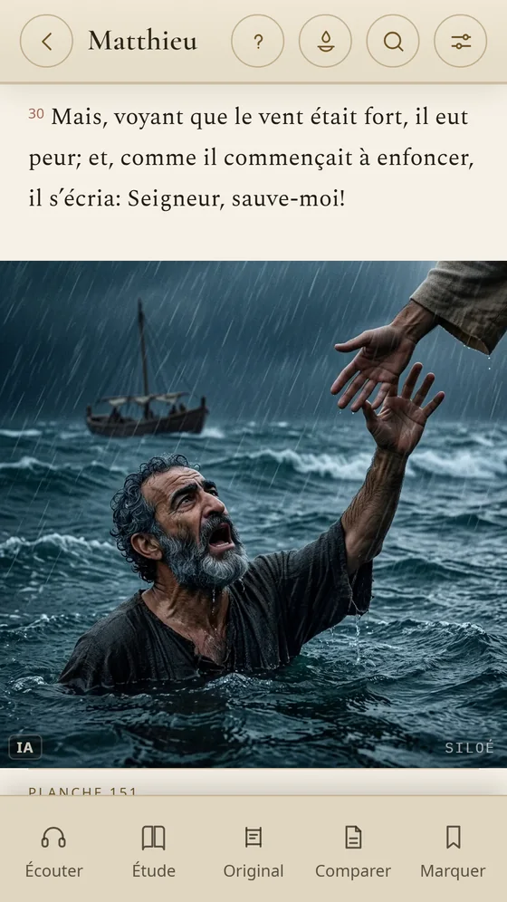 Siloé : Matthieu 14 avec la planche de Pierre qui s’enfonce dans la tempête.