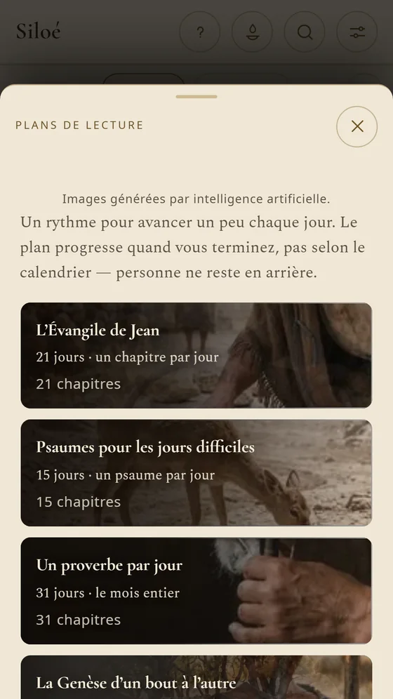 Liste de plans de lecture : l’Évangile de Jean, des Psaumes pour les jours difficiles et un proverbe par jour.