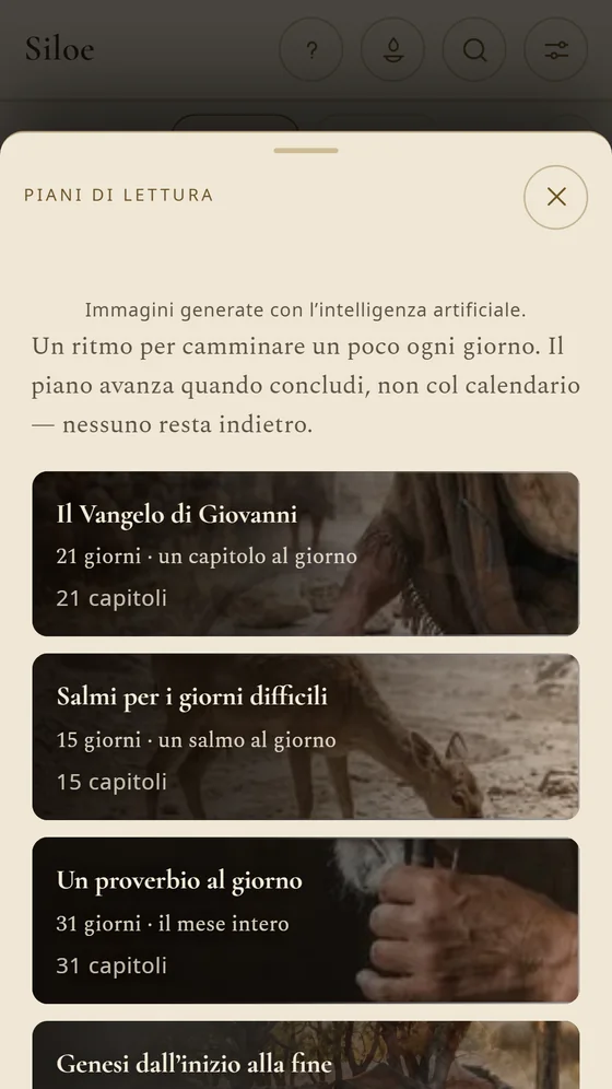 Elenco dei piani di lettura: il Vangelo di Giovanni, Salmi per i giorni difficili e un proverbio al giorno.
