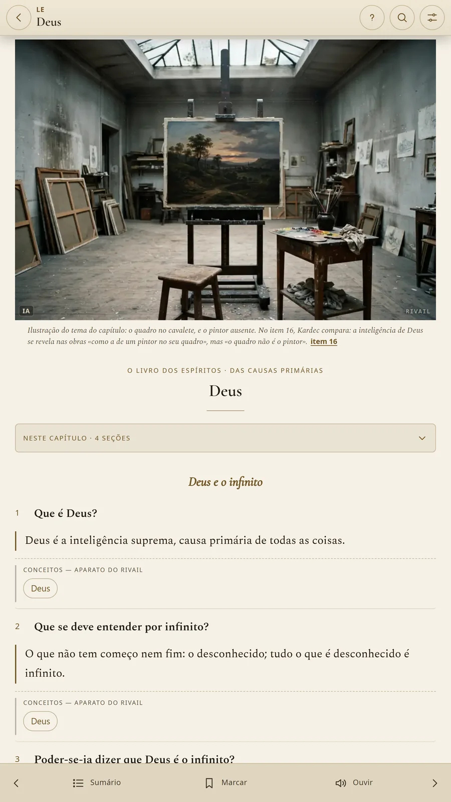 O Rivail no iPad, com a leitura de O Livro dos Espíritos em tela grande.