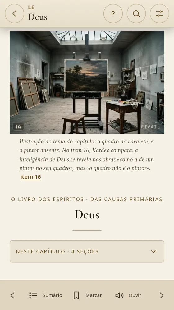 Capítulo sobre Deus com a cena de um ateliê de pintor e a legenda que a explica.
