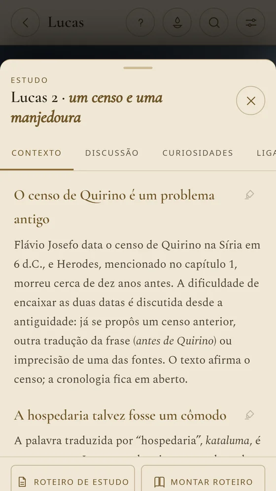 Estudo de Lucas 2, com o contexto do censo de Quirino e as abas de discussão e curiosidades.