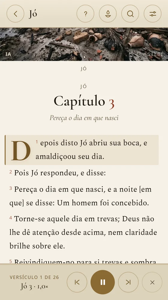 Leitura em voz alta de Jó 3, com o versículo em destaque e os controles de áudio.